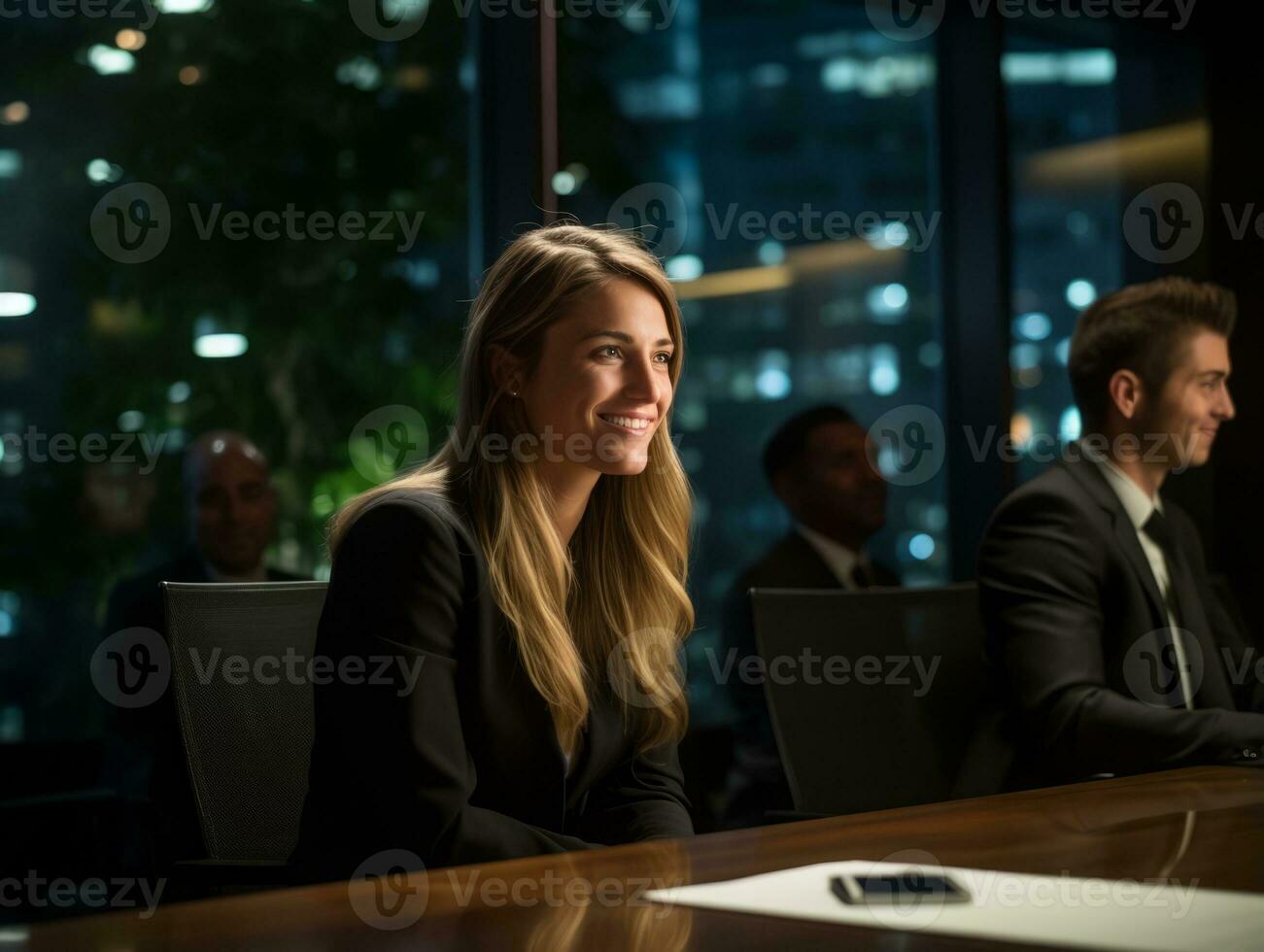 woman in a business meeting leading with confidence AI Generative photo