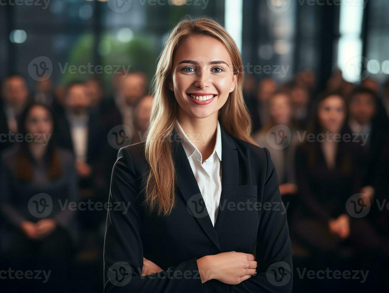 woman in a business meeting leading with confidence AI Generative photo