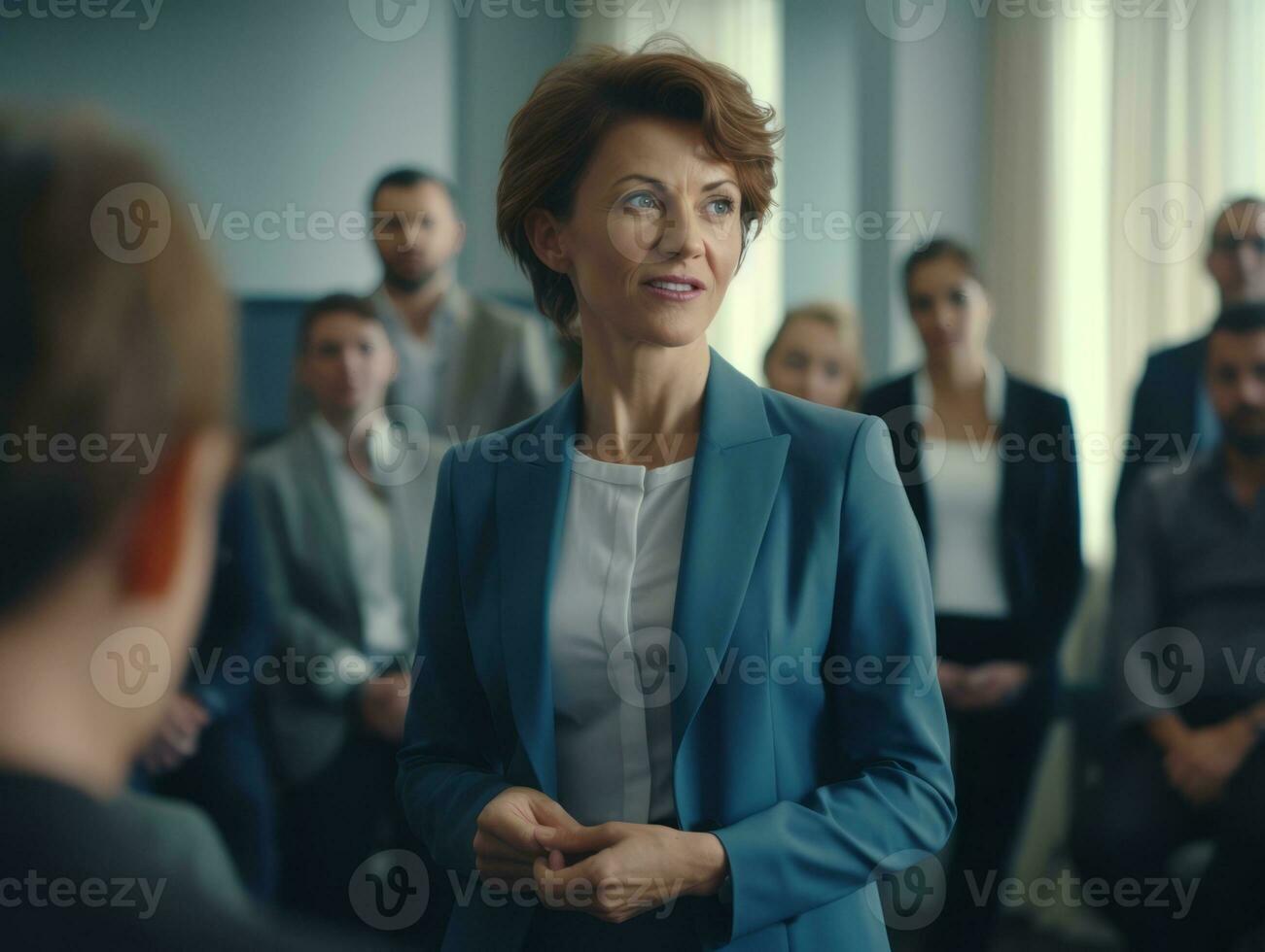 woman in a business meeting leading with confidence AI Generative photo