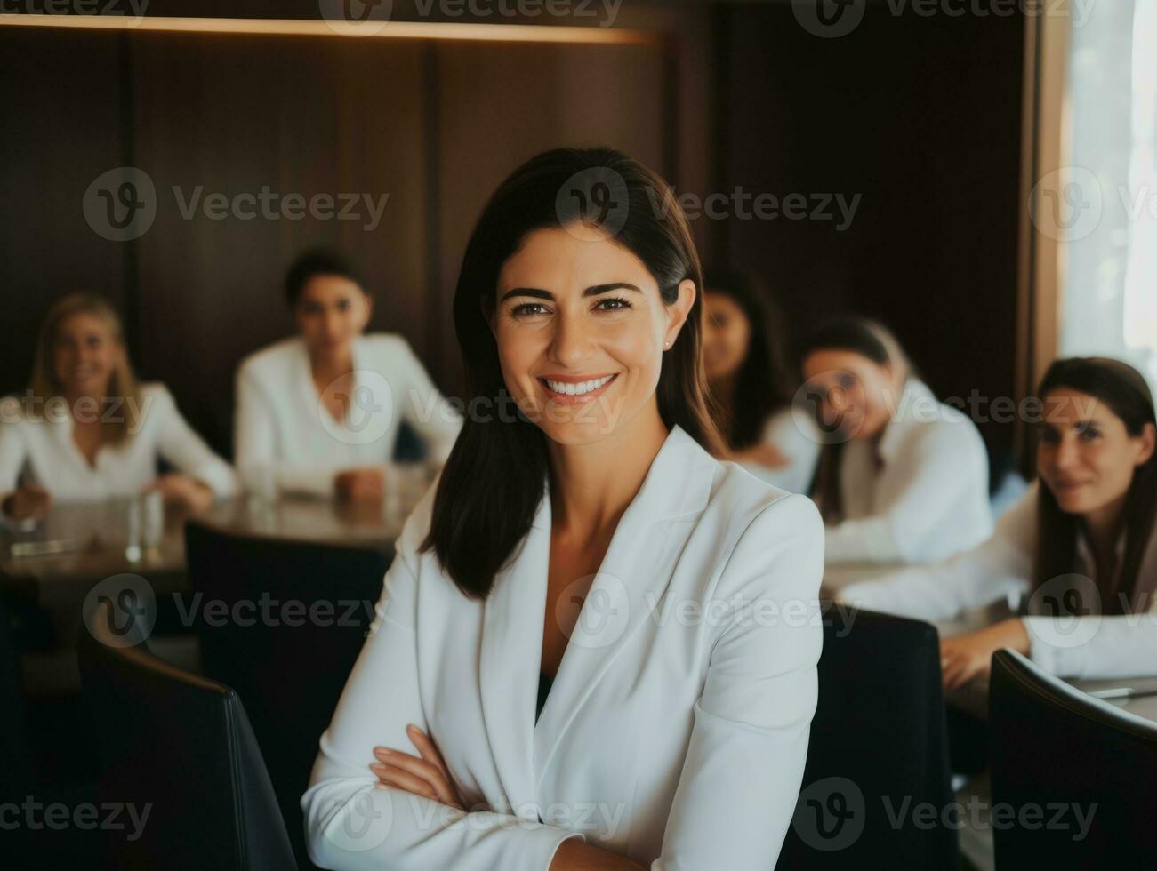 woman in a business meeting leading with confidence AI Generative photo