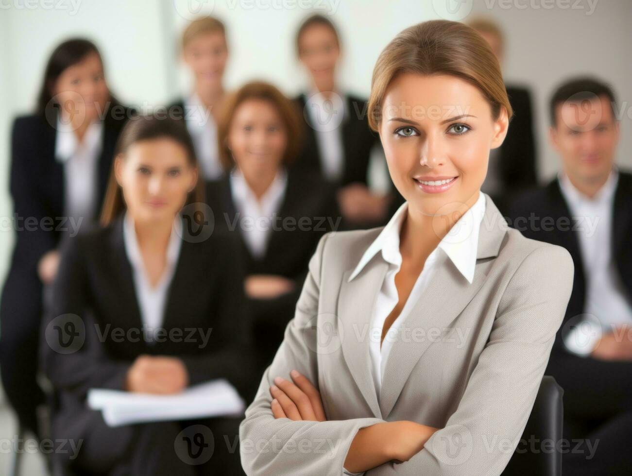 woman in a business meeting leading with confidence AI Generative photo