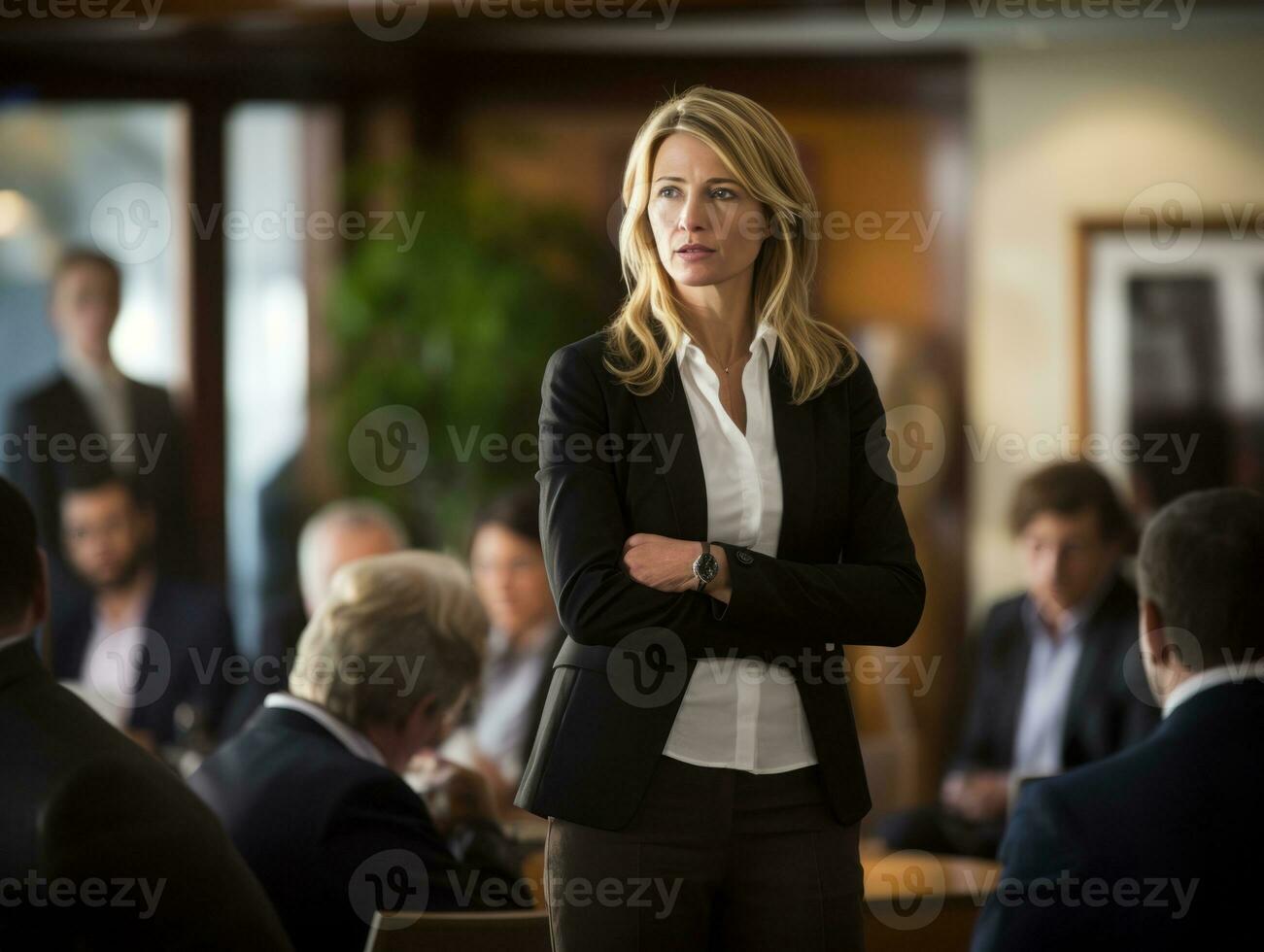 woman in a business meeting leading with confidence AI Generative photo