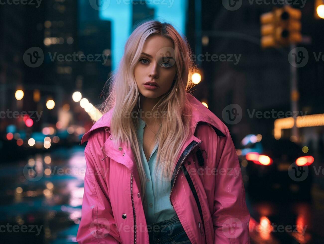 woman in futuristic clothes enjoys leisurely stroll through neon city streets AI Generative photo