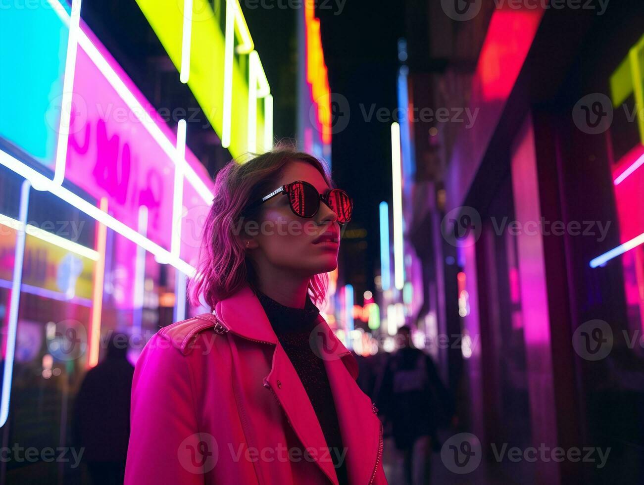 mujer en futurista ropa disfruta sin prisa paseo mediante neón ciudad calles ai generativo foto