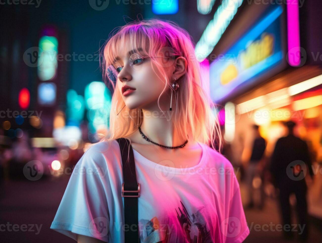 woman in futuristic clothes enjoys leisurely stroll through neon city streets AI Generative photo