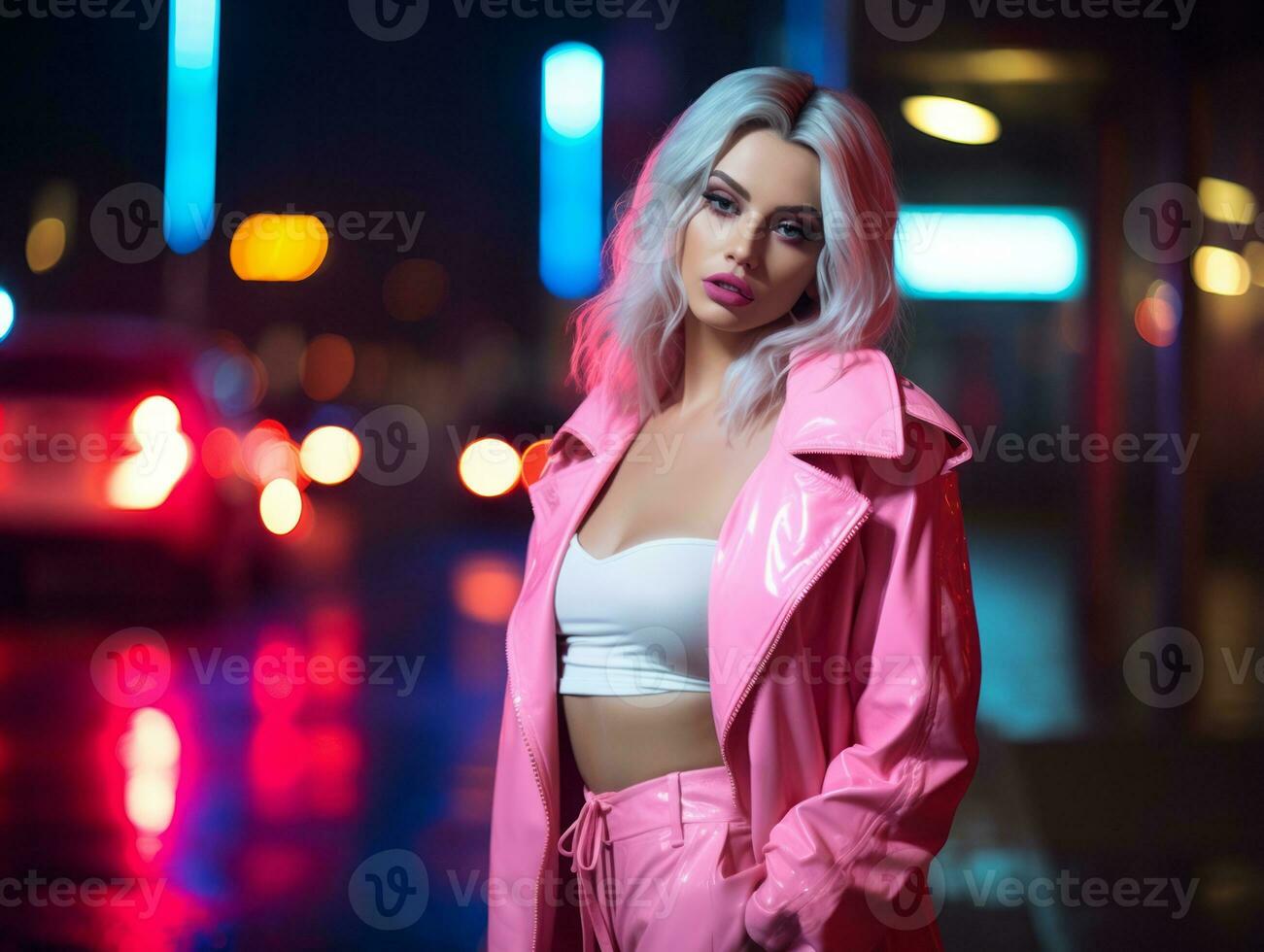 woman in futuristic clothes enjoys leisurely stroll through neon city streets AI Generative photo