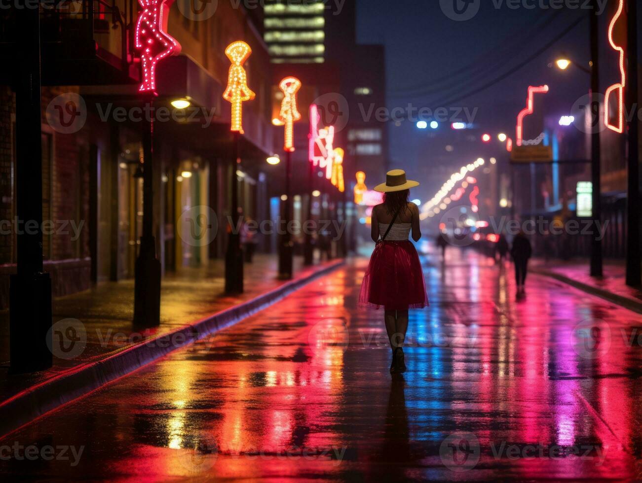 woman in futuristic clothes enjoys leisurely stroll through neon city streets AI Generative photo