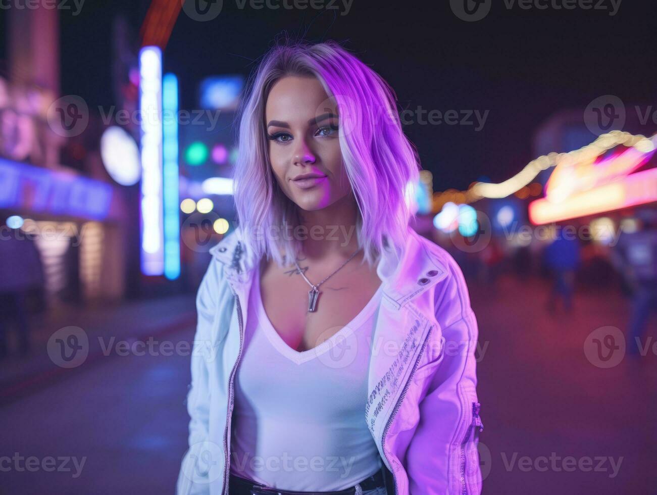 woman in futuristic clothes enjoys leisurely stroll through neon city streets AI Generative photo