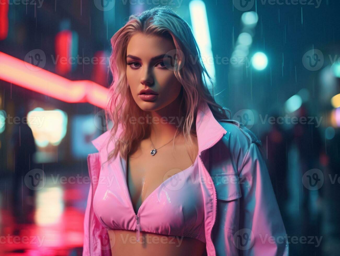 woman in futuristic clothes enjoys leisurely stroll through neon city streets AI Generative photo
