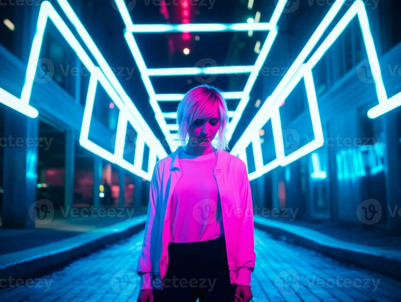 woman in futuristic clothes enjoys leisurely stroll through neon city streets AI Generative photo