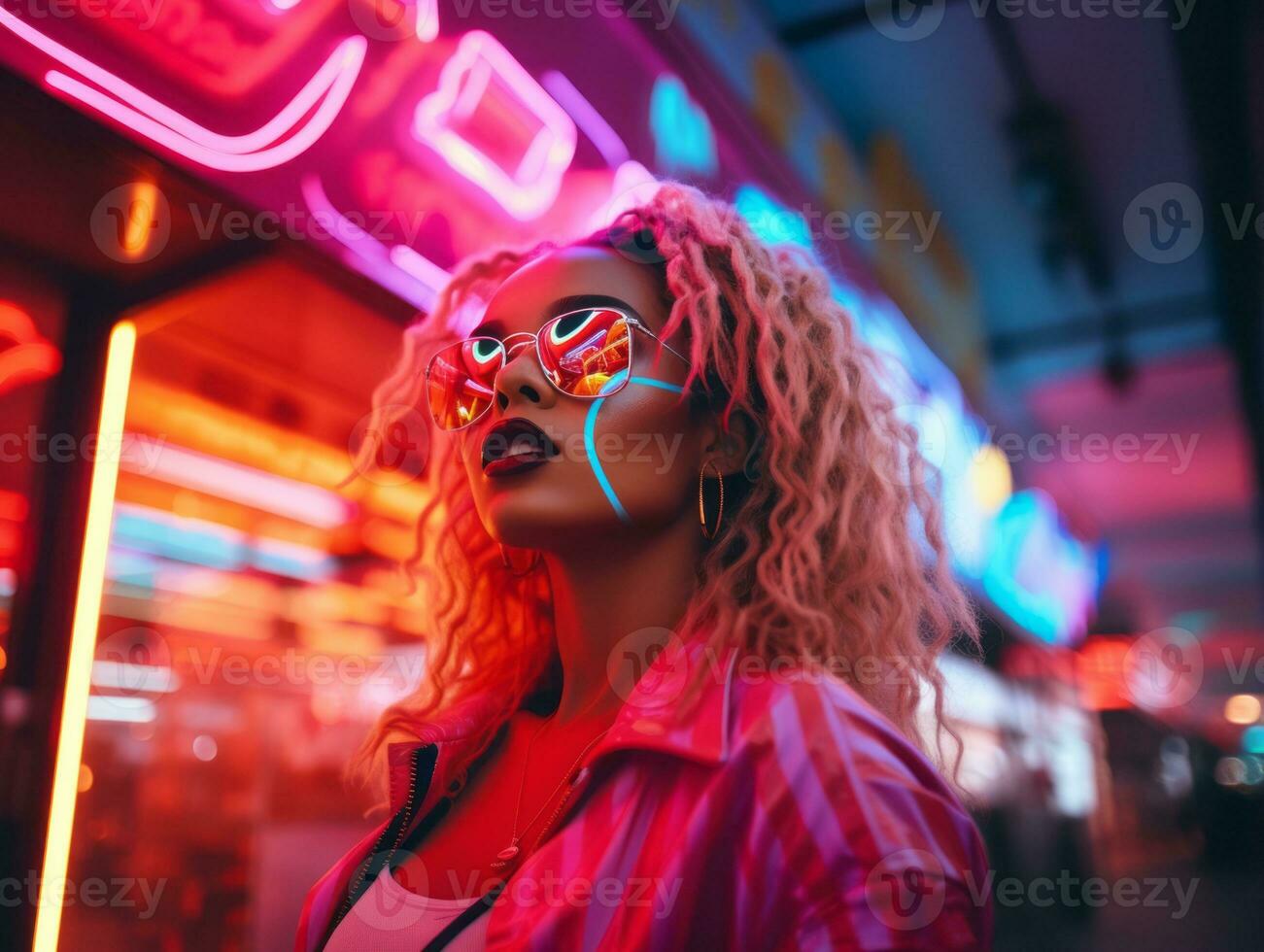 woman in futuristic clothes enjoys leisurely stroll through neon city streets AI Generative photo