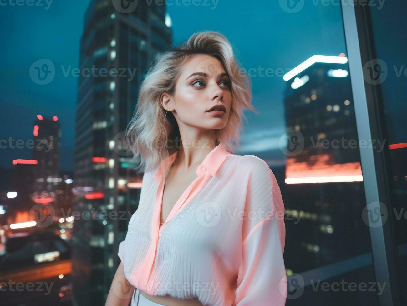 woman in futuristic clothes enjoys leisurely stroll through neon city streets AI Generative photo