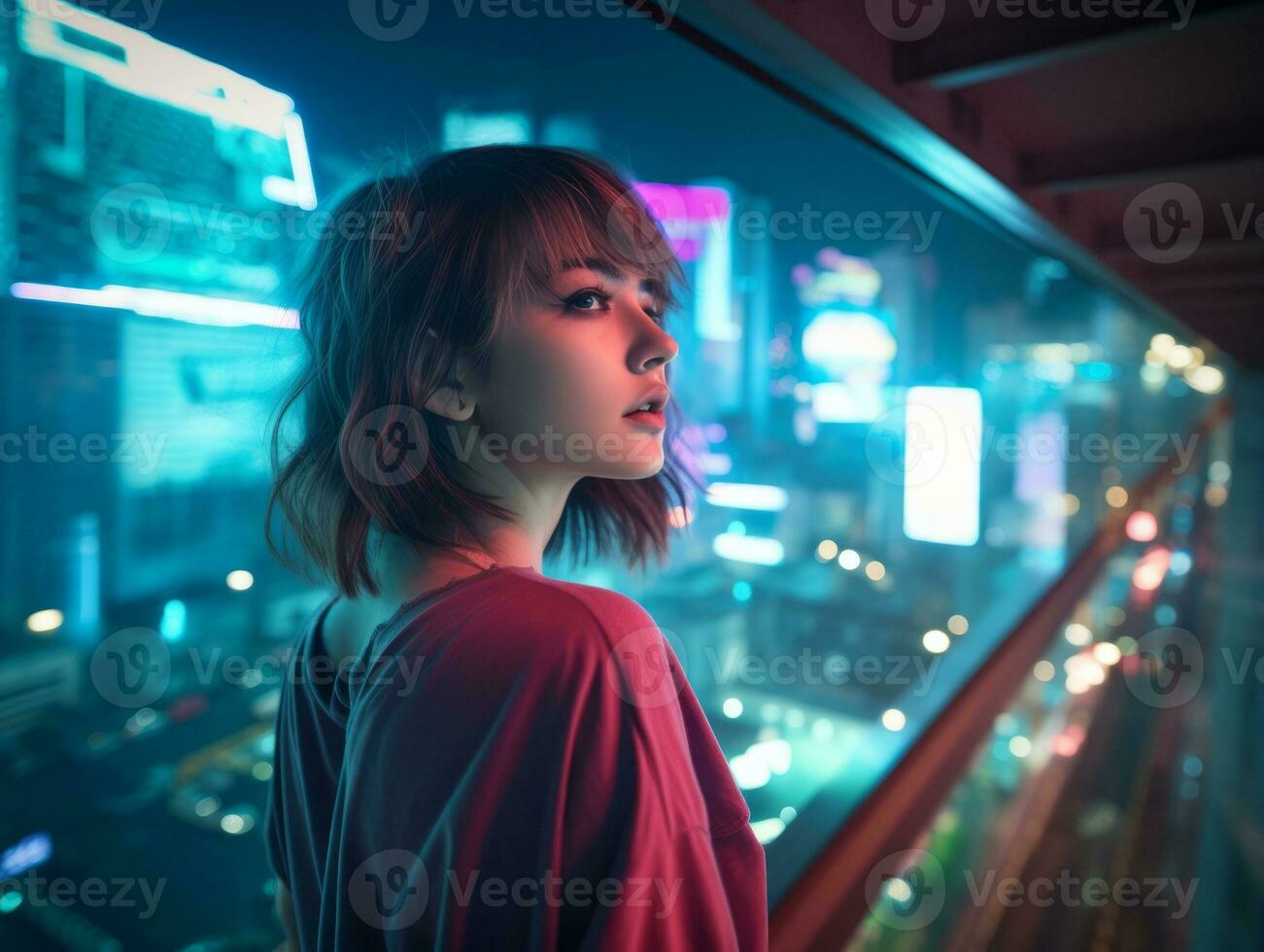 woman in futuristic clothes enjoys leisurely stroll through neon city streets AI Generative photo