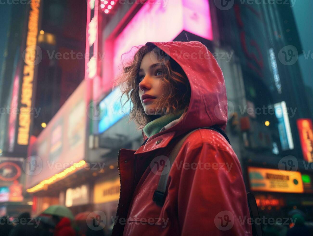 woman in futuristic clothes enjoys leisurely stroll through neon city streets AI Generative photo