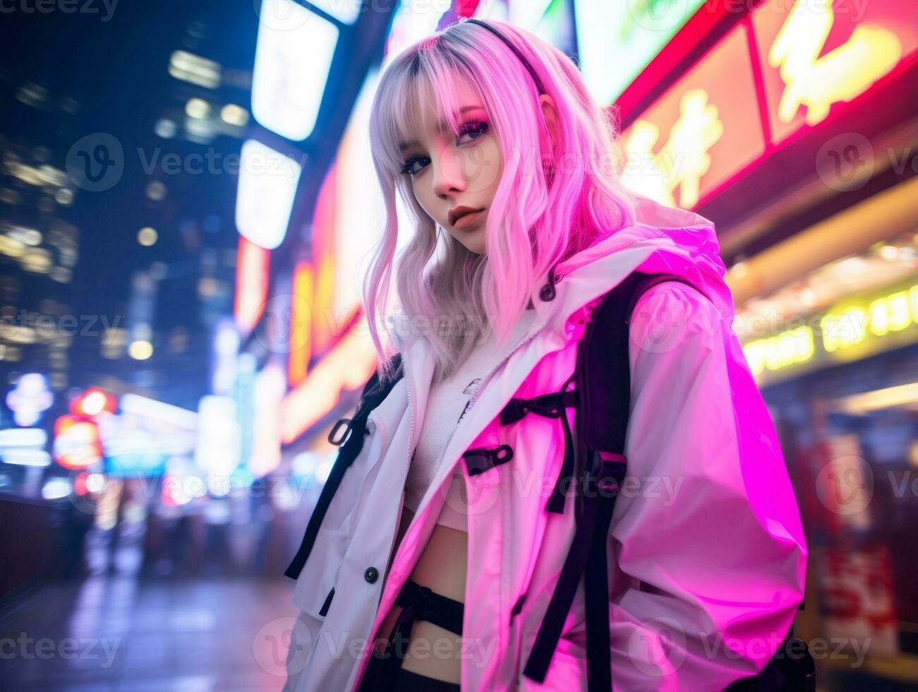 woman in futuristic clothes enjoys leisurely stroll through neon city streets AI Generative photo