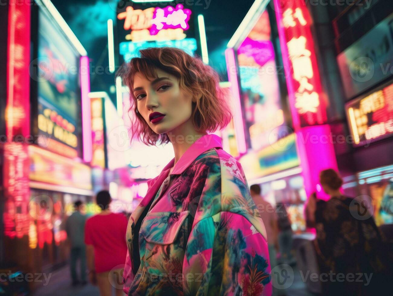 woman in futuristic clothes enjoys leisurely stroll through neon city streets AI Generative photo