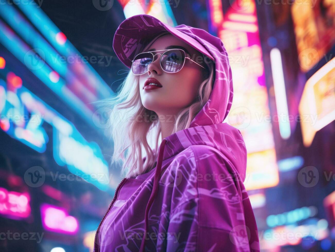 woman in futuristic clothes enjoys leisurely stroll through neon city streets AI Generative photo