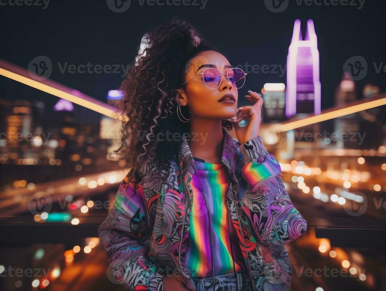 woman in futuristic clothes enjoys leisurely stroll through neon city streets AI Generative photo
