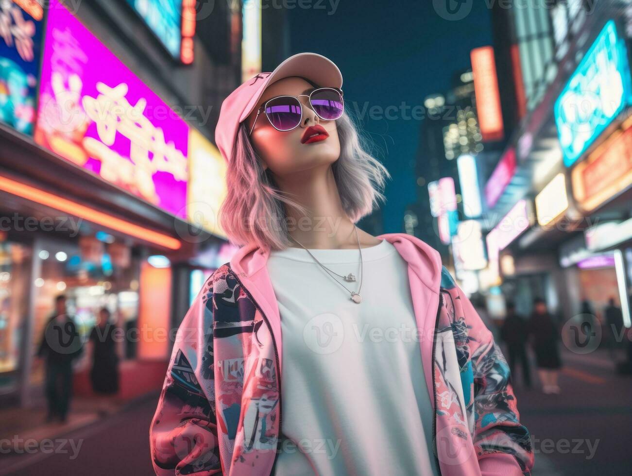 woman in futuristic clothes enjoys leisurely stroll through neon city streets AI Generative photo