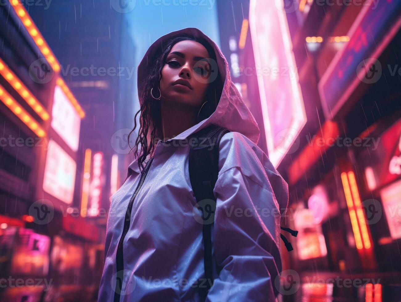 woman in futuristic clothes enjoys leisurely stroll through neon city streets AI Generative photo