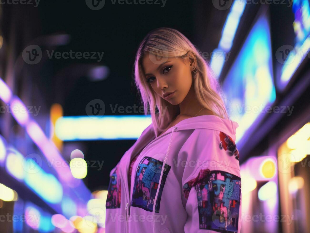 woman in futuristic clothes enjoys leisurely stroll through neon city streets AI Generative photo