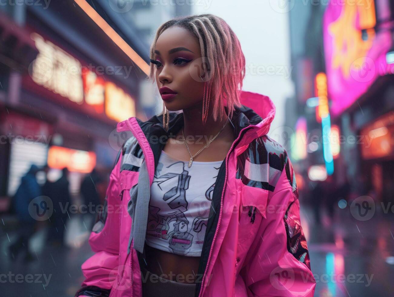 woman in futuristic clothes enjoys leisurely stroll through neon city streets AI Generative photo
