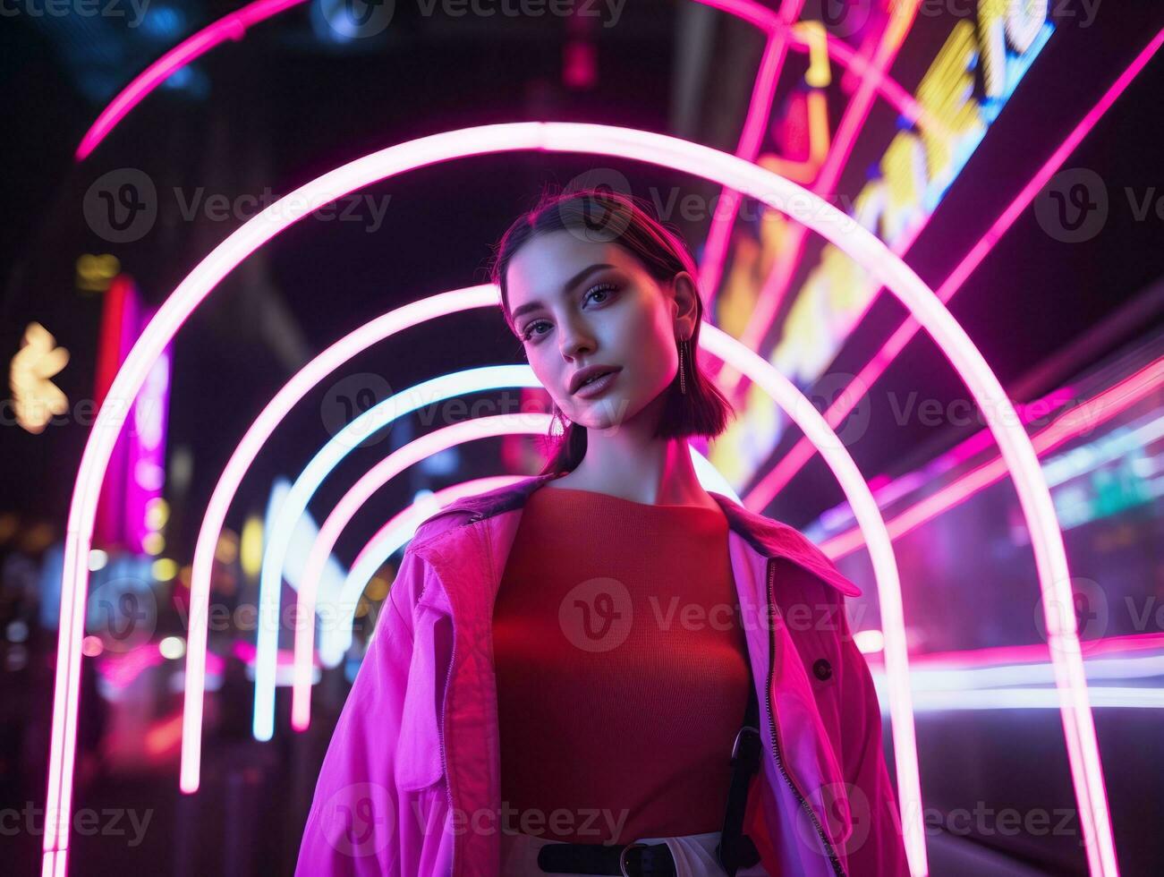woman in futuristic clothes enjoys leisurely stroll through neon city streets AI Generative photo