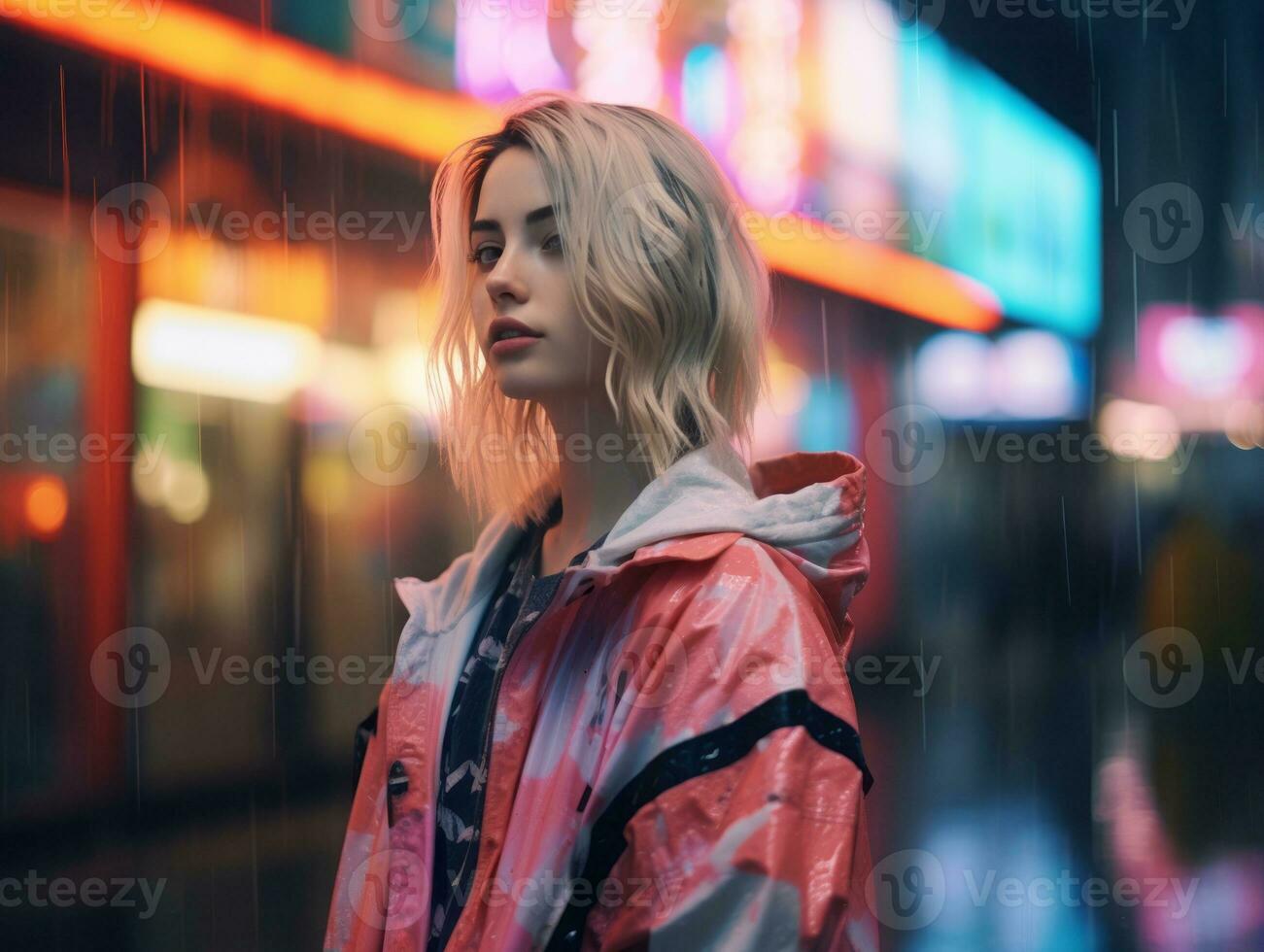 woman in futuristic clothes enjoys leisurely stroll through neon city streets AI Generative photo