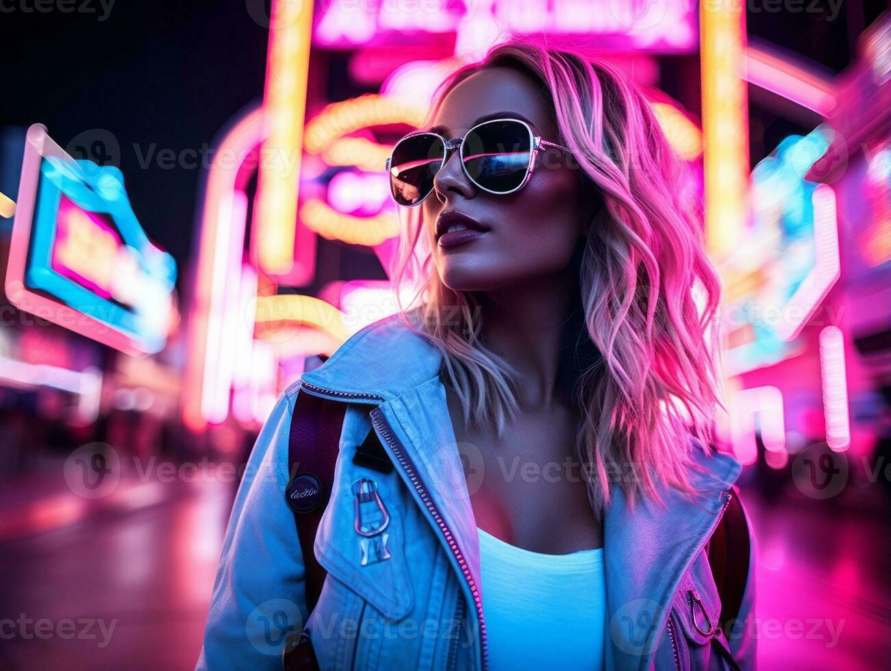 woman in futuristic clothes enjoys leisurely stroll through neon city streets AI Generative photo