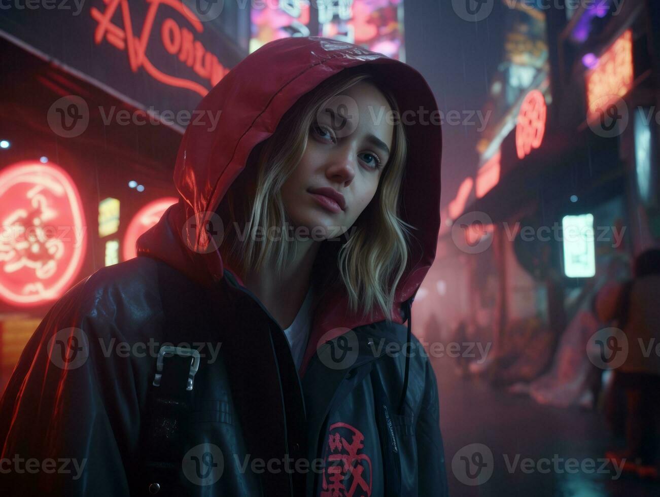 woman in futuristic clothes enjoys leisurely stroll through neon city streets AI Generative photo