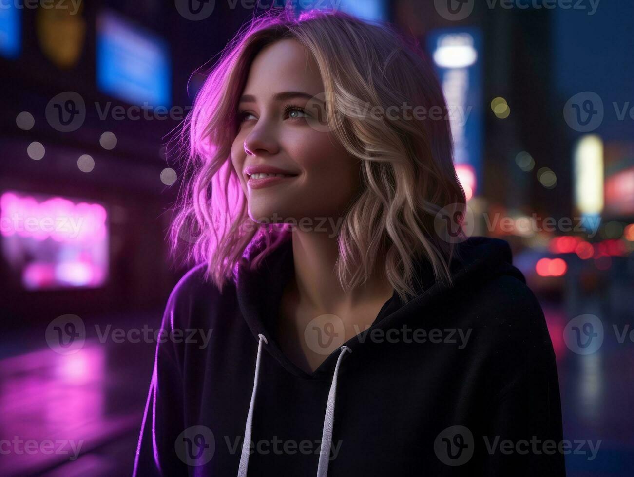 woman in futuristic clothes enjoys leisurely stroll through neon city streets AI Generative photo
