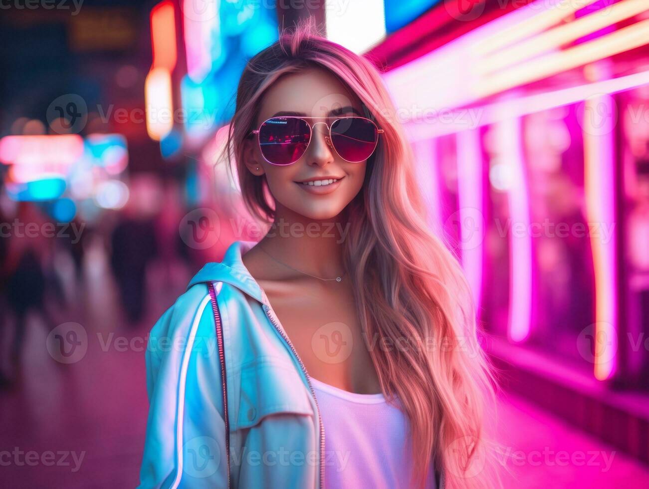 woman in futuristic clothes enjoys leisurely stroll through neon city streets AI Generative photo
