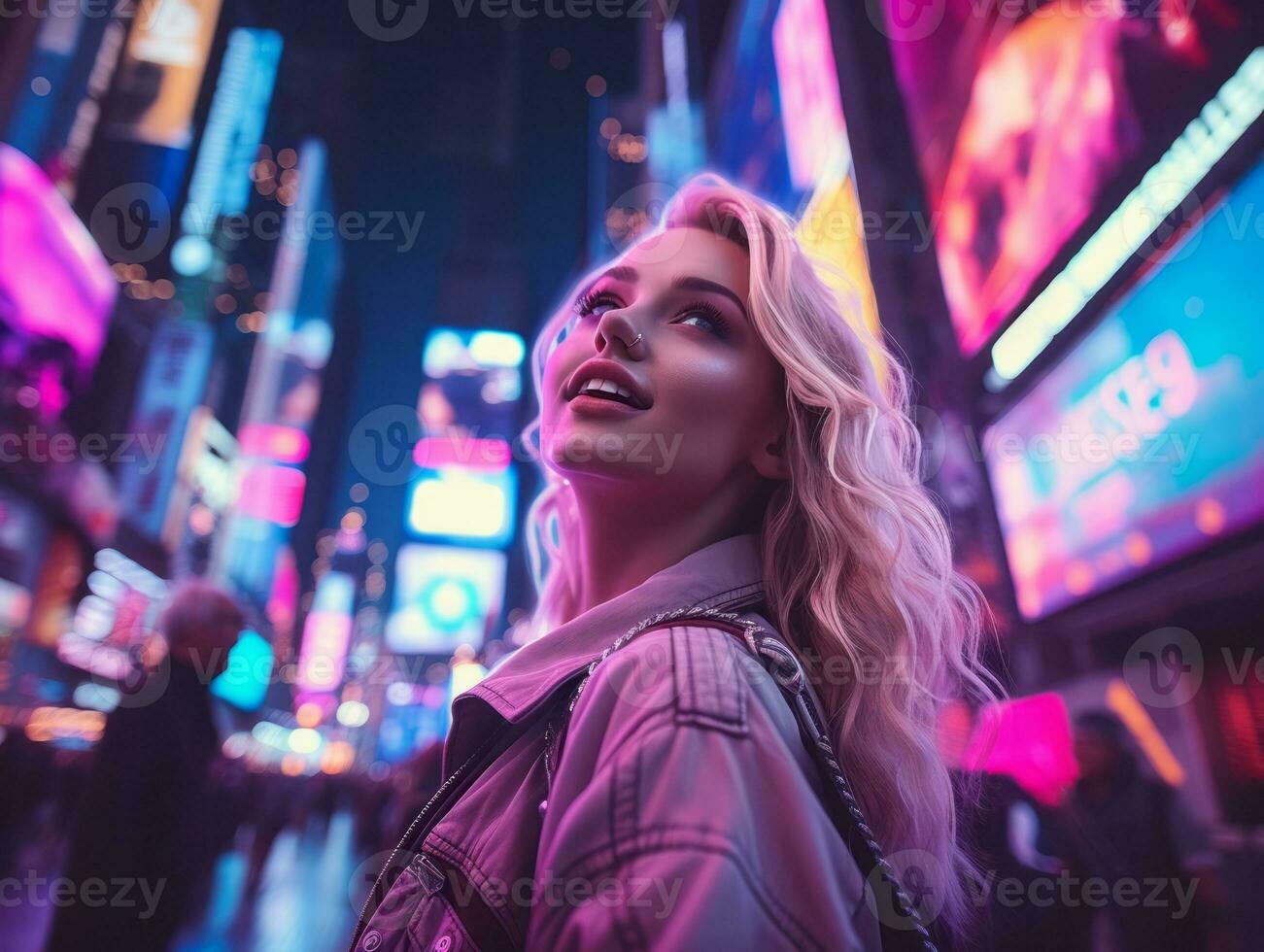 woman in futuristic clothes enjoys leisurely stroll through neon city streets AI Generative photo