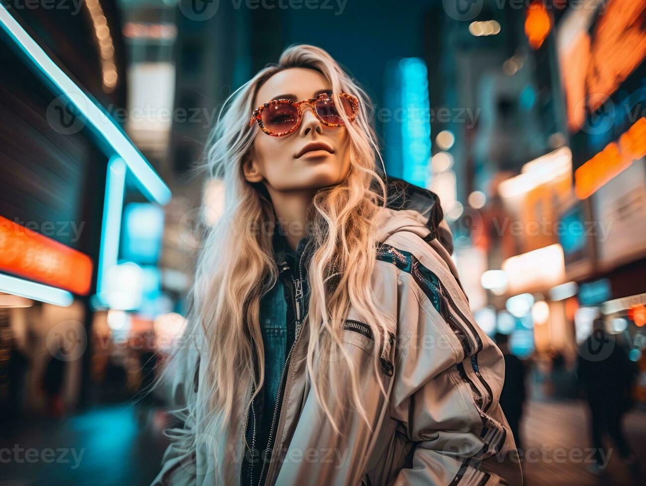 woman in futuristic clothes enjoys leisurely stroll through neon city streets AI Generative photo