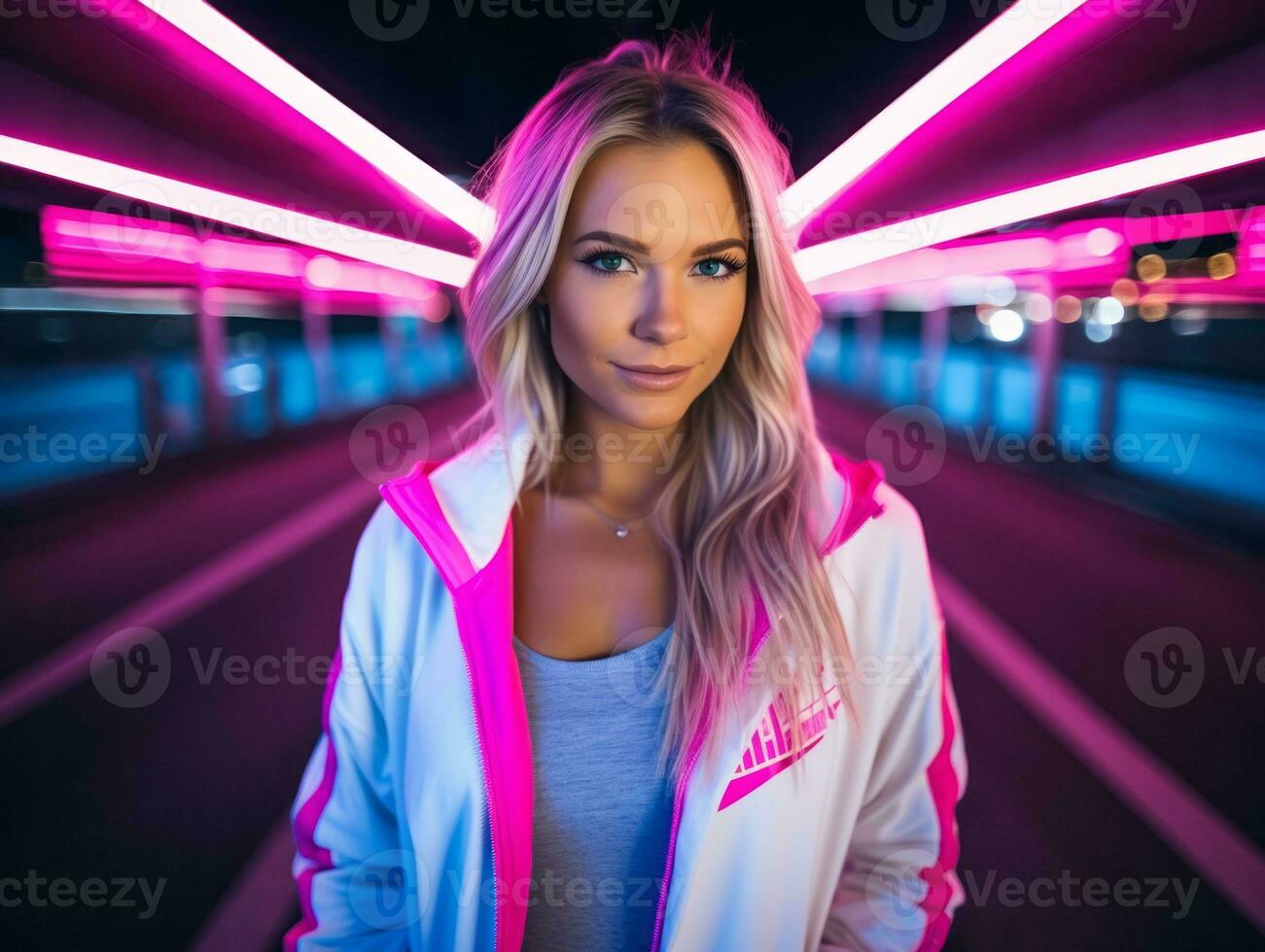 woman in futuristic clothes enjoys leisurely stroll through neon city streets AI Generative photo