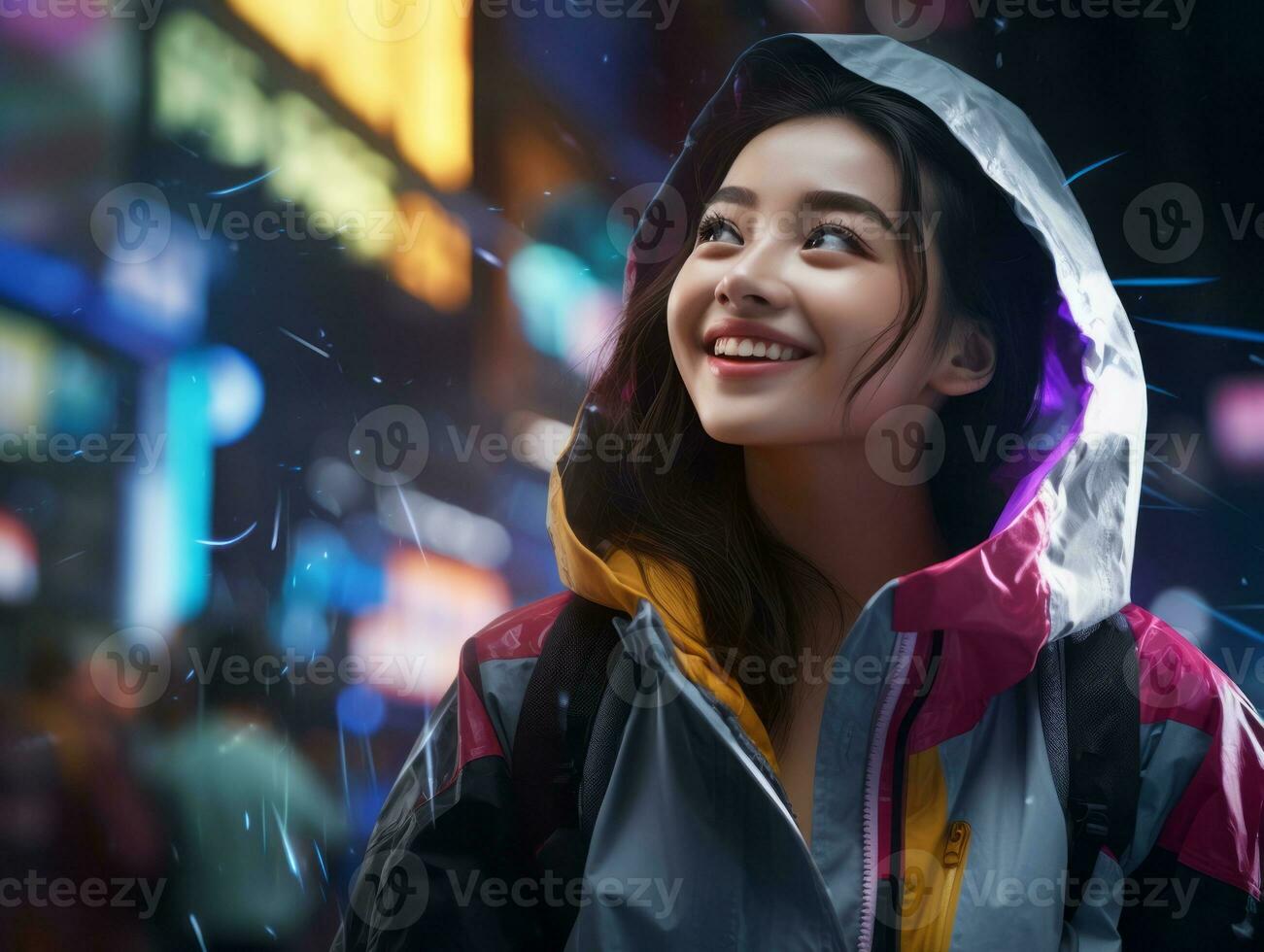woman in futuristic clothes enjoys leisurely stroll through neon city streets AI Generative photo