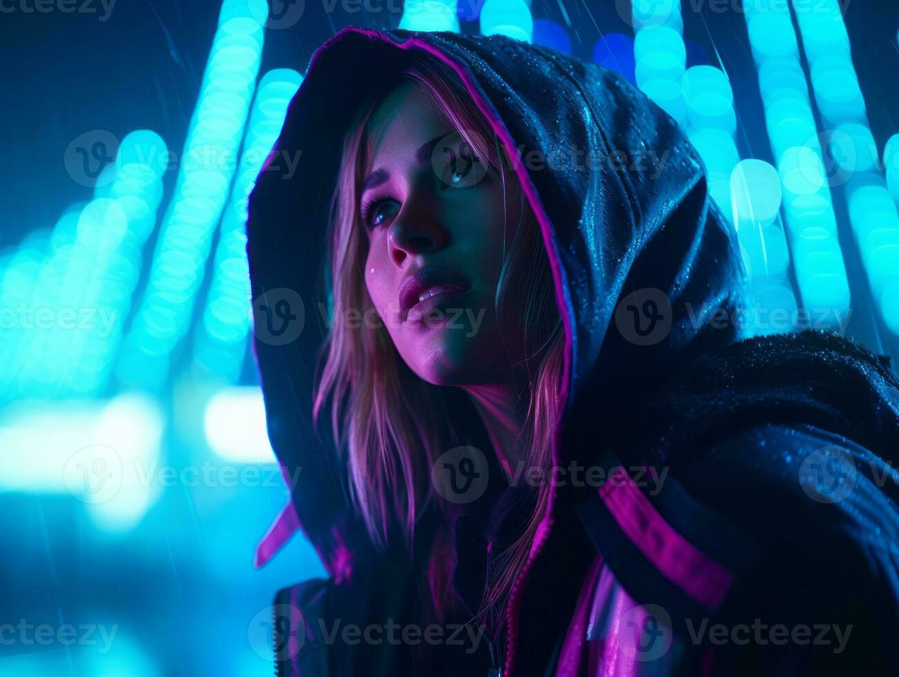 woman in futuristic clothes enjoys leisurely stroll through neon city streets AI Generative photo