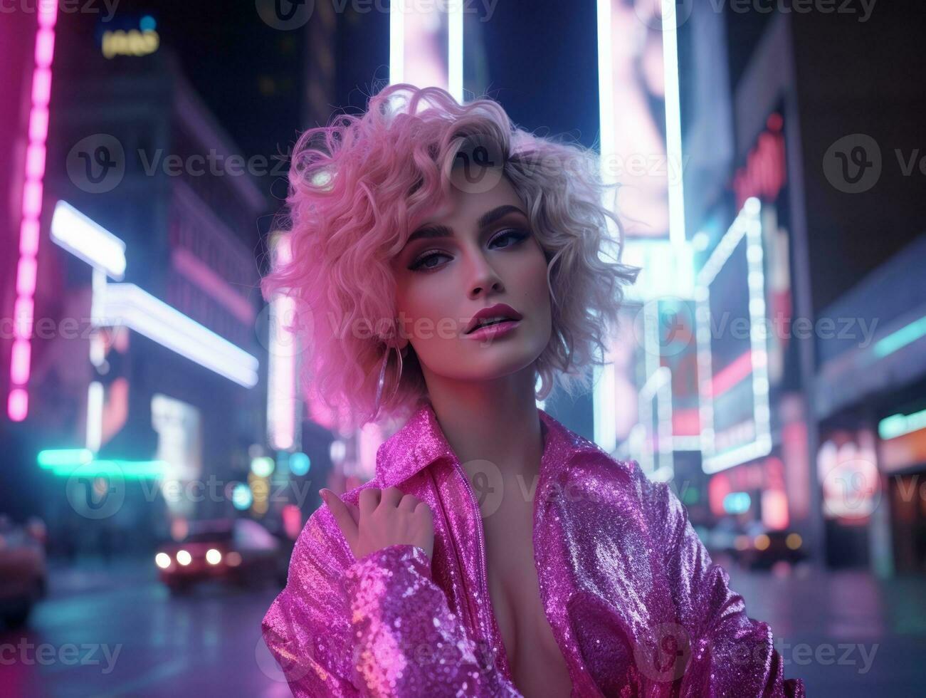 woman in futuristic clothes enjoys leisurely stroll through neon city streets AI Generative photo
