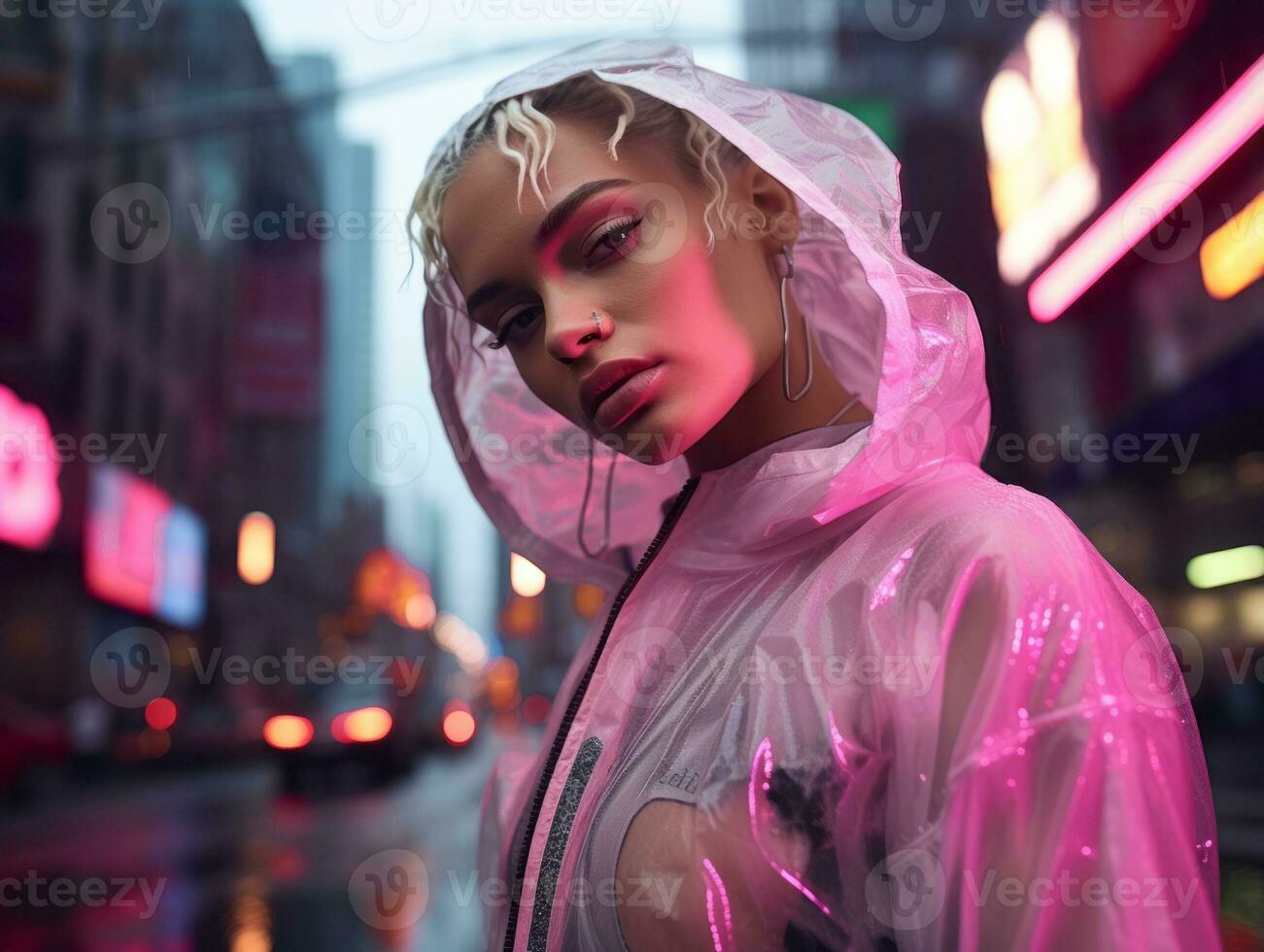 woman in futuristic clothes enjoys leisurely stroll through neon city streets AI Generative photo