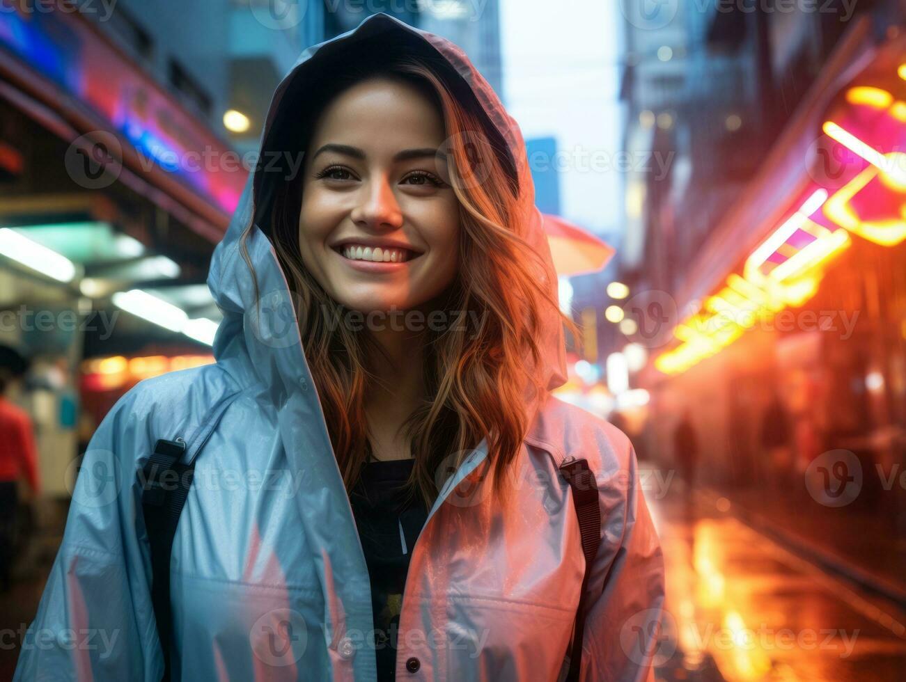 woman in futuristic clothes enjoys leisurely stroll through neon city streets AI Generative photo