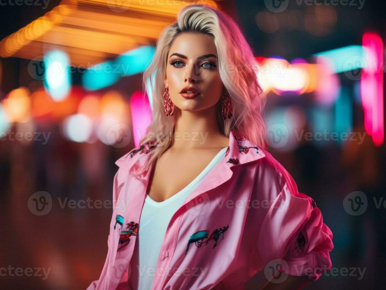 woman in futuristic clothes enjoys leisurely stroll through neon city streets AI Generative photo