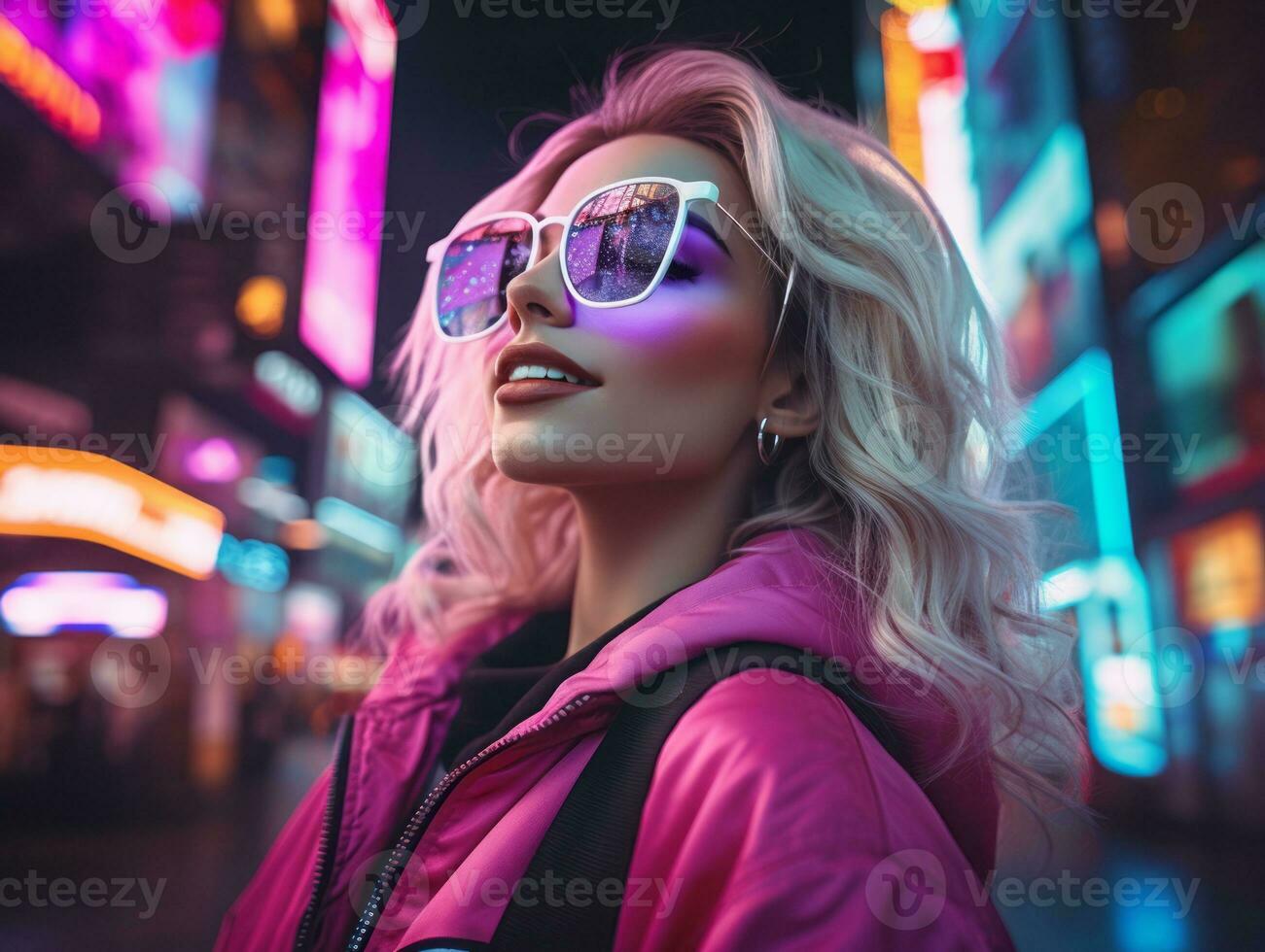 woman in futuristic clothes enjoys leisurely stroll through neon city streets AI Generative photo