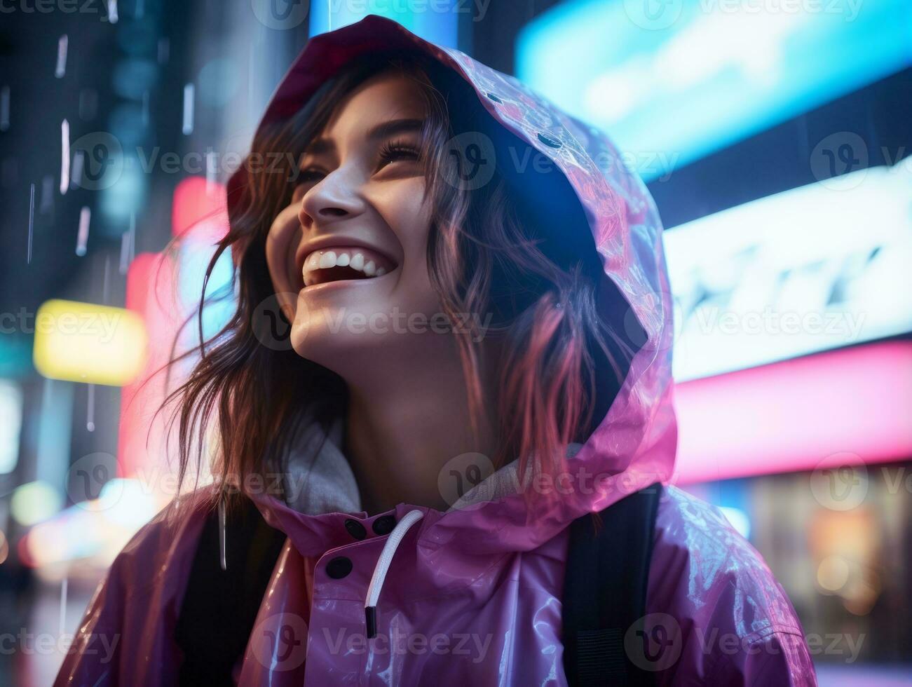 woman in futuristic clothes enjoys leisurely stroll through neon city streets AI Generative photo