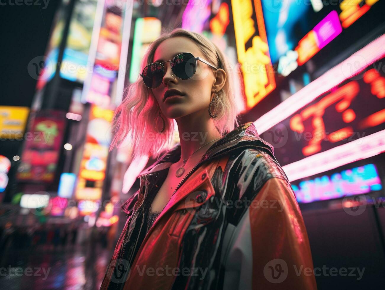 woman in futuristic clothes enjoys leisurely stroll through neon city streets AI Generative photo