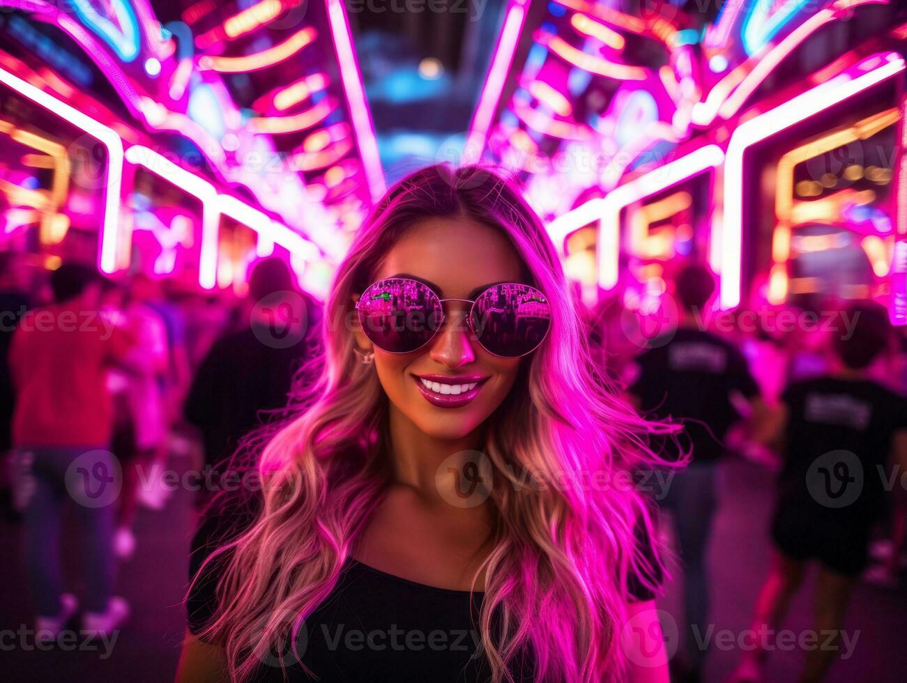 woman in futuristic clothes enjoys leisurely stroll through neon city streets AI Generative photo