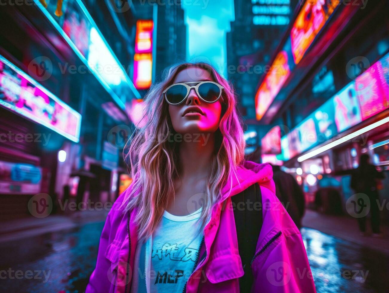 woman in futuristic clothes enjoys leisurely stroll through neon city streets AI Generative photo