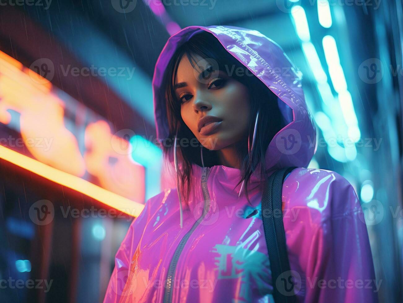 woman in futuristic clothes enjoys leisurely stroll through neon city streets AI Generative photo