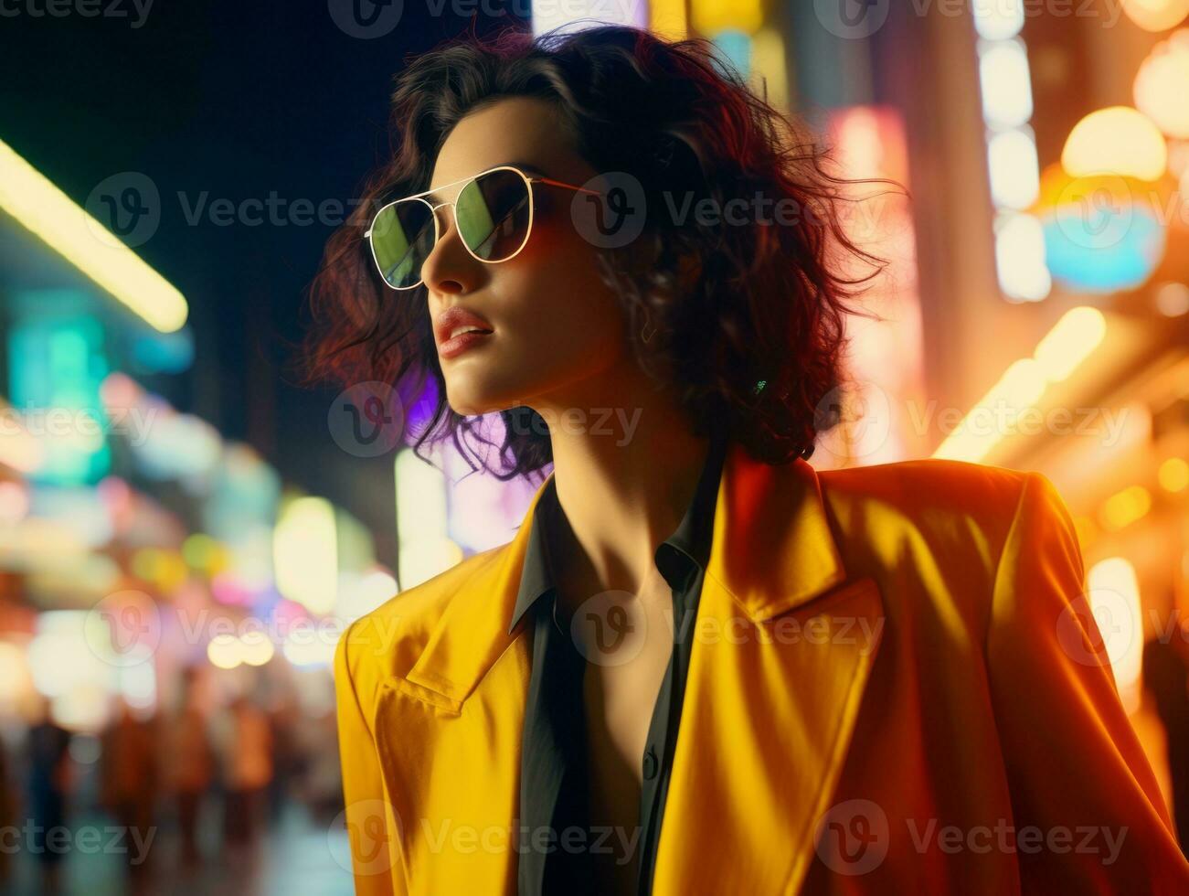 woman in futuristic clothes enjoys leisurely stroll through neon city streets AI Generative photo