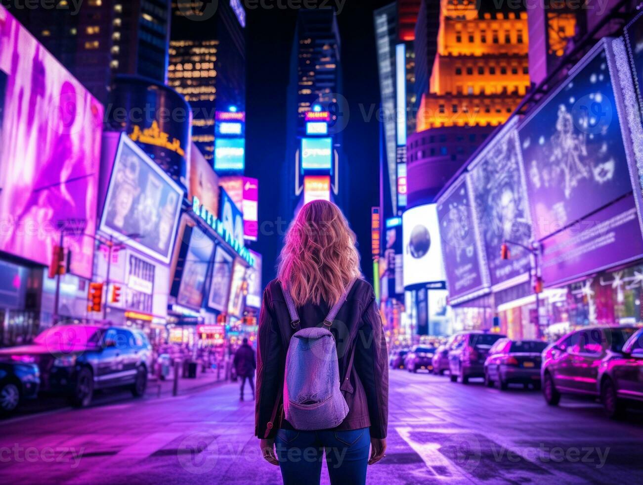 woman in futuristic clothes enjoys leisurely stroll through neon city streets AI Generative photo