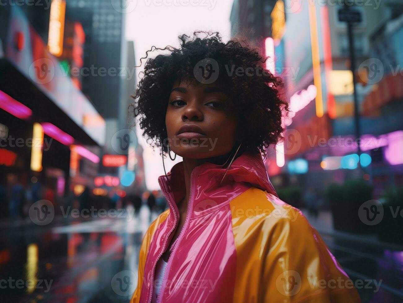 woman in futuristic clothes enjoys leisurely stroll through neon city streets AI Generative photo